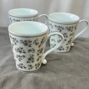 Temptations Tara Floral Lace Elite Set of 3 Mugs White Silver 10 oz. Ceramic New